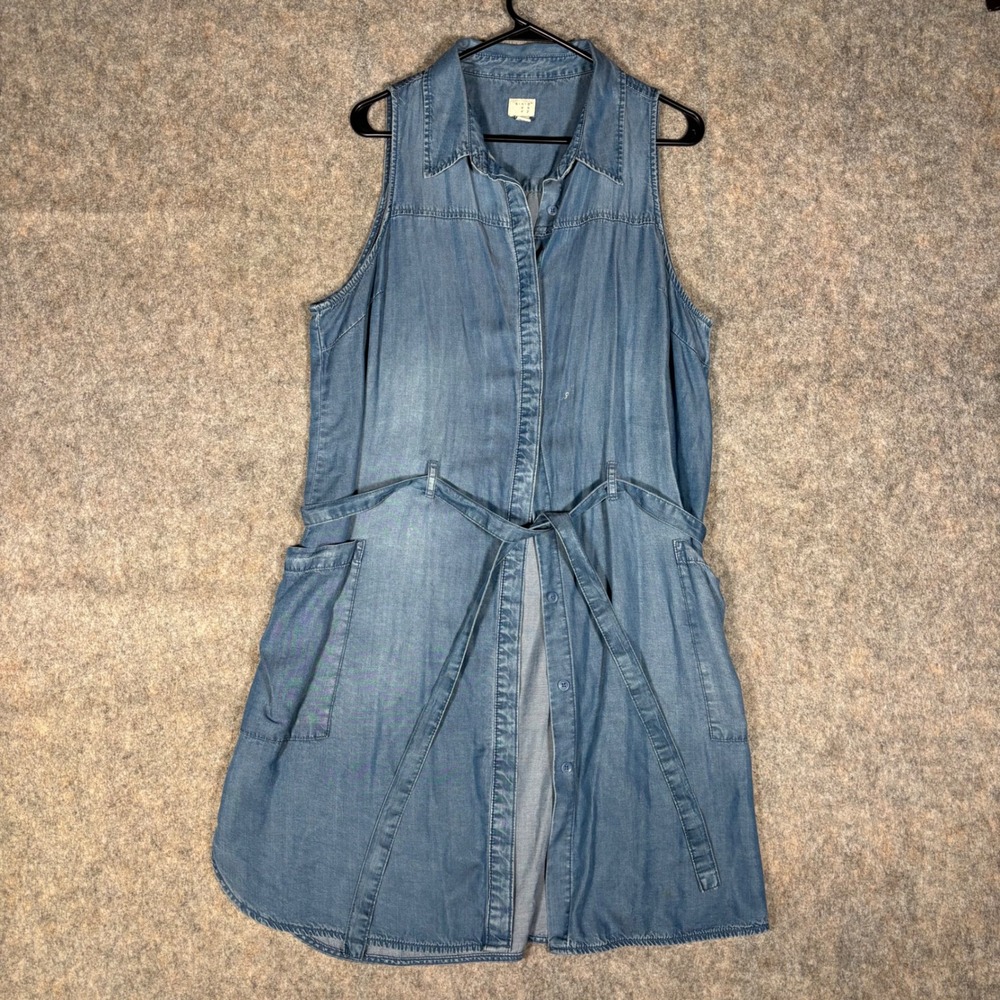 A New Day Chambray Shirt Dress Womens XL Blue Lyocell Sleeveless Belted Midi